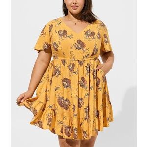Torrid - Mini Wash Challis Yellow Paisley Flutter Sleeve Lace Back Dress - 3x